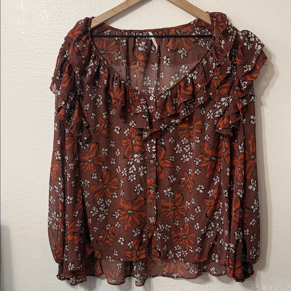 Free People Floral Ruffle Blouse - Brown and Red